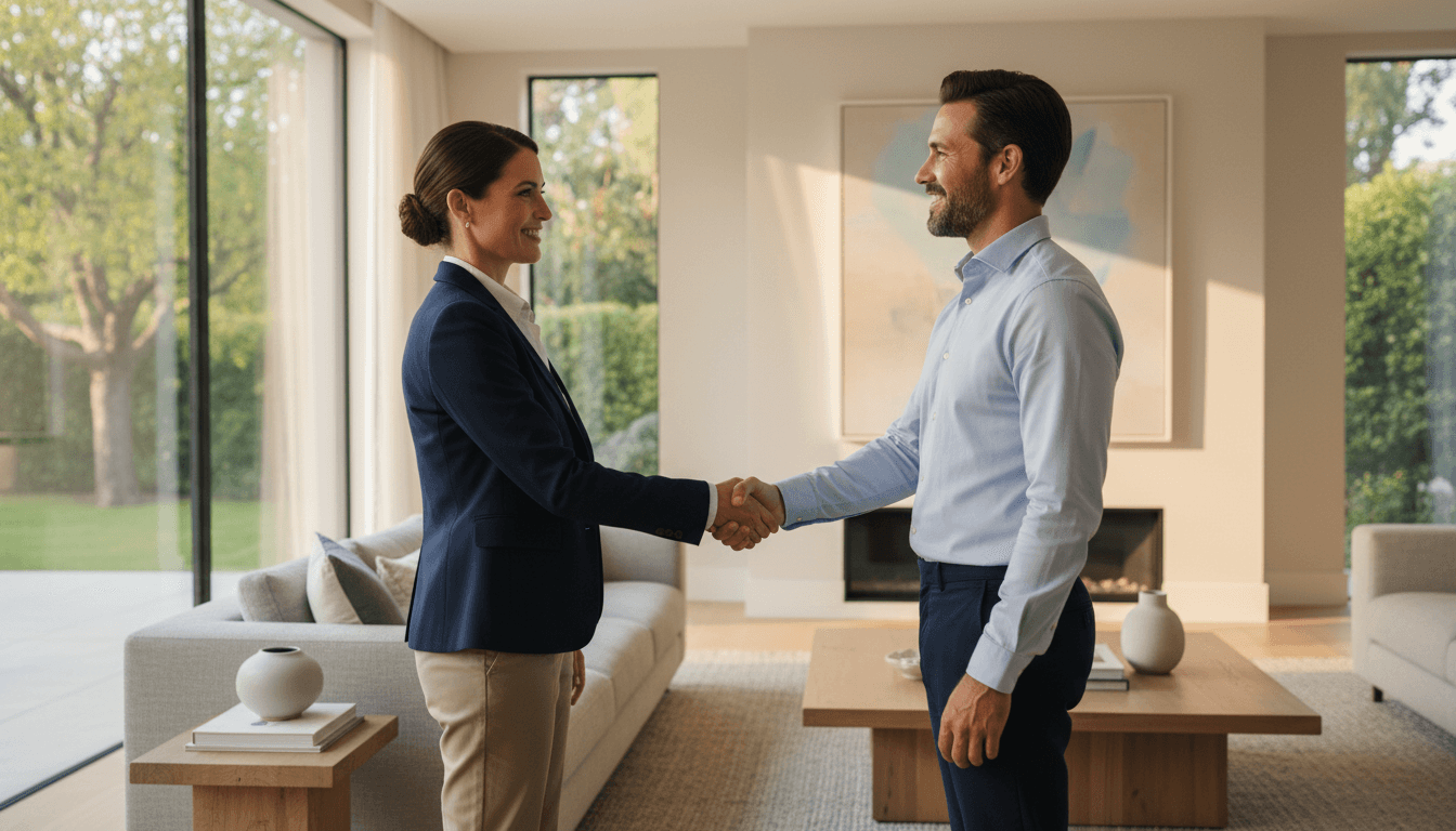 Professional real estate agent shaking hands with happy client in front of modern house