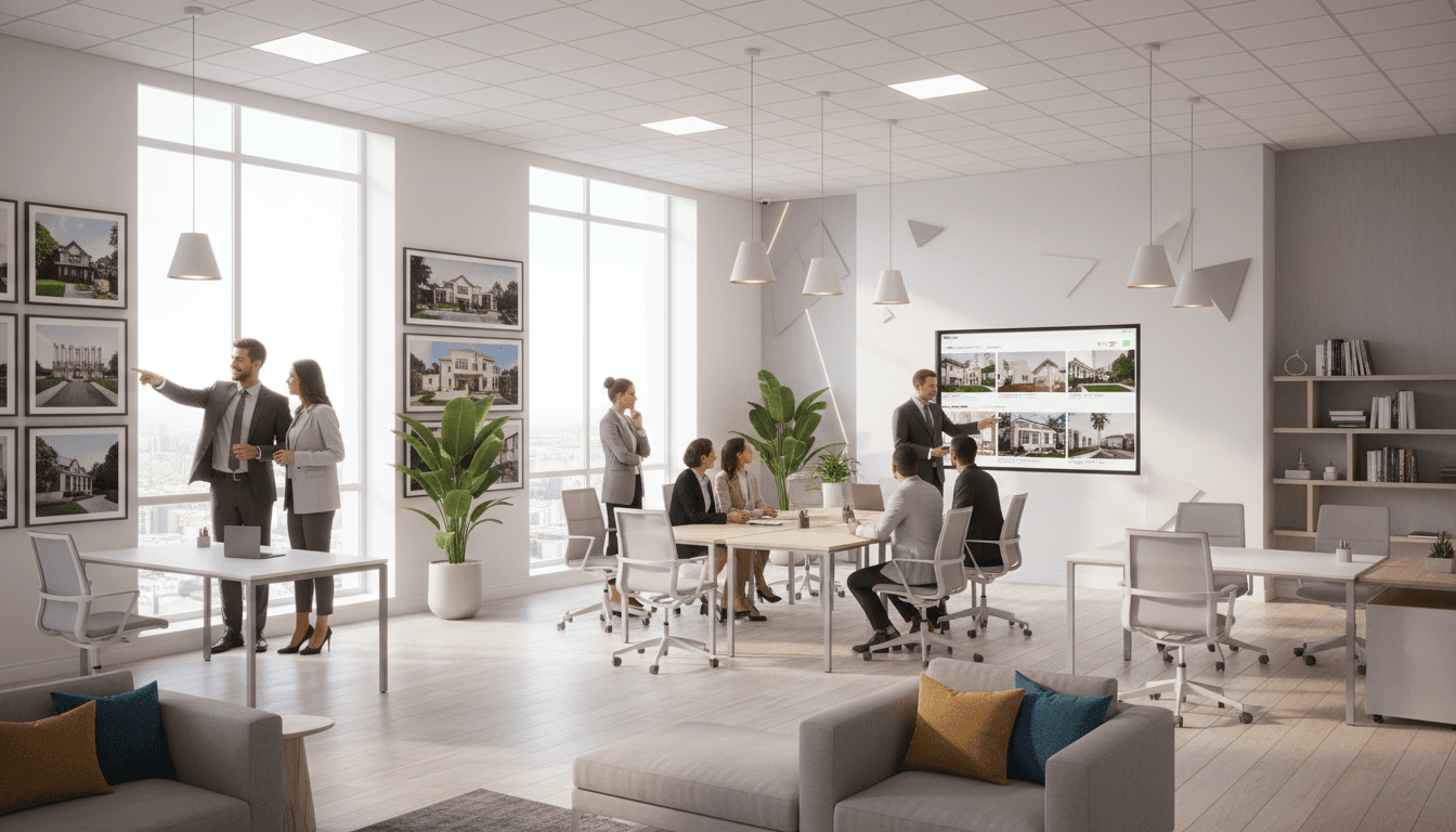 Real estate professional on the phone in a modern office