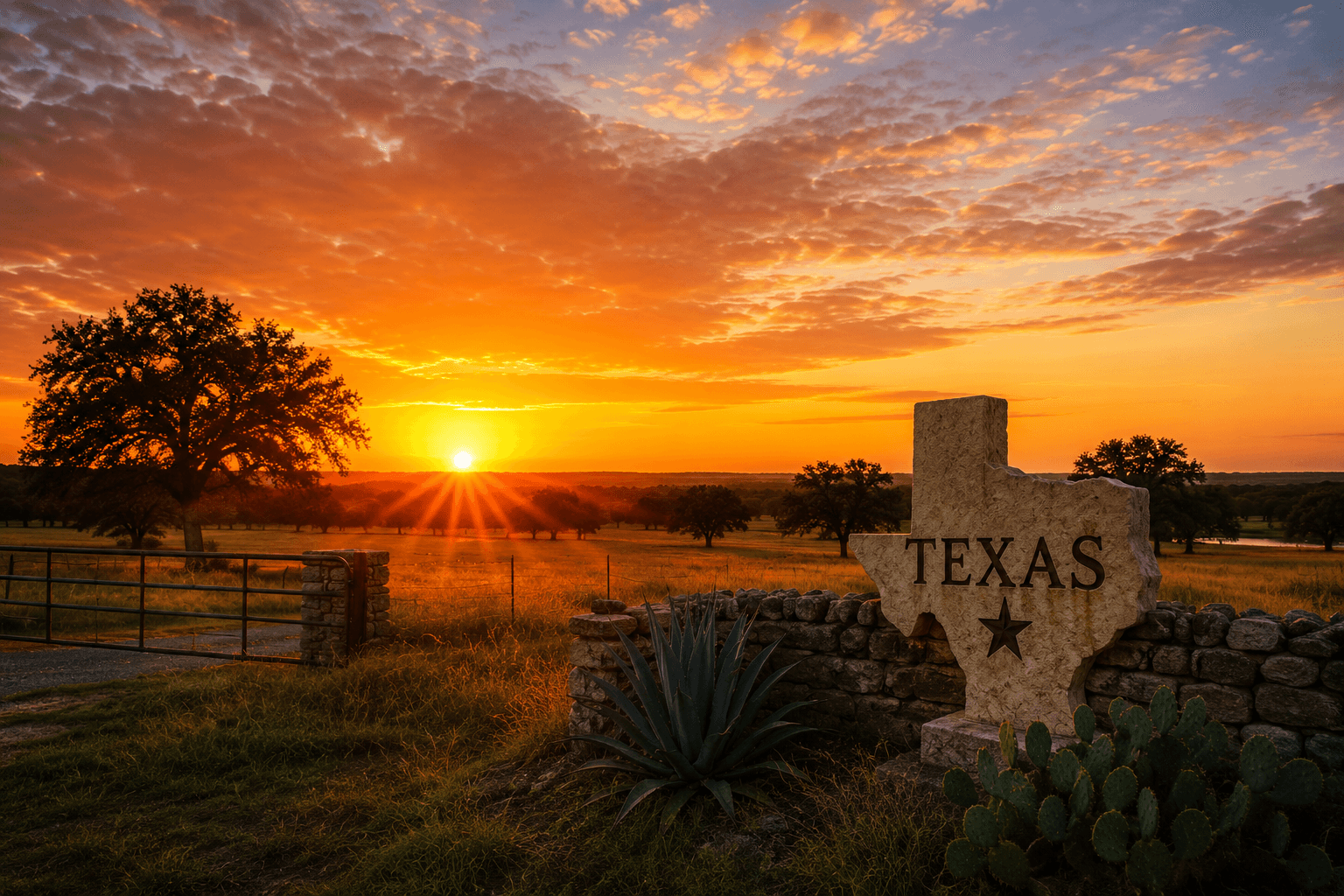 Texas-shaped stone monument in a rural field under a vibrant orange and yellow sunset.